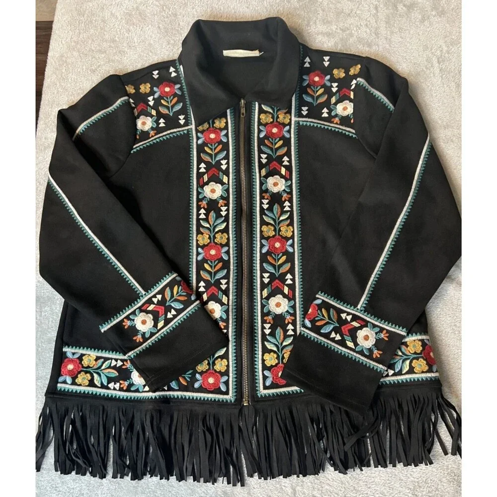 Savannah Jane Black Sued Fring Zip Up Jacket Floral Embroidery Boho Womens Large - Picture 1 of 8